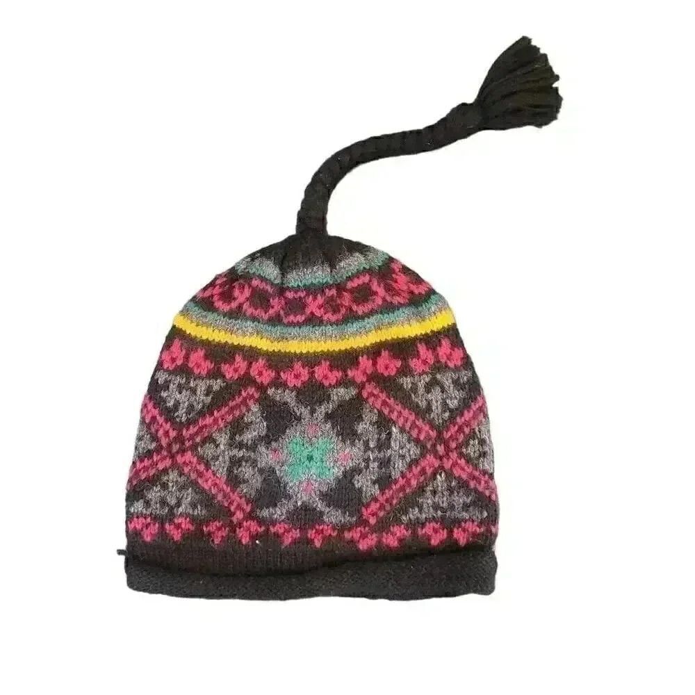 Nils Adult Unisex Black Colorful Wool Knit Beanie w Tassle & Fleece Lined